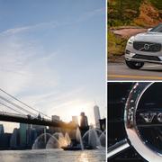 Arkivbilder: Brooklyn Bridge, XC60, Volvos logga.