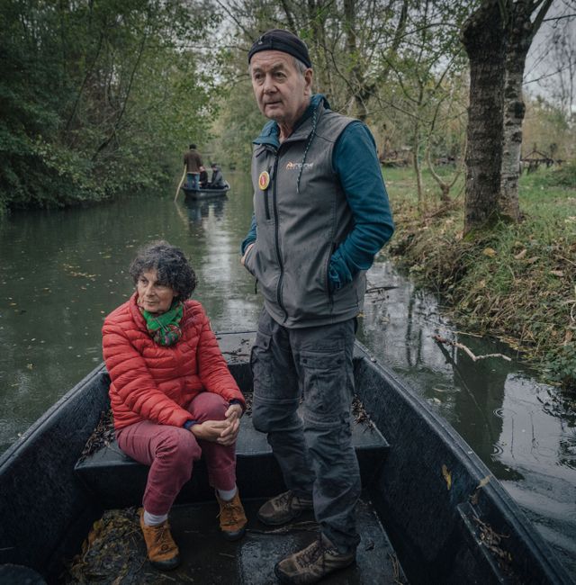 Hélène Girard and Jean-Jacques Guillet, on the wetland close to where the reservoirs they oppose are being built, in the Deux-Sèvres region in France, Nov. 8, 2022. ANDREA MANTOVANI / NYT