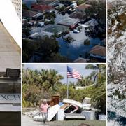 New York-börsen, Orkanen Harvey. Översvämning i Texas och spillror i Puerto Rico. Arkivbilder.