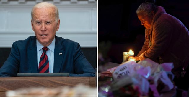 Joe Biden / En sörjande kvinna efter skjutningen i Half Moon Bay. TT.