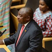 Sydafrikas president Cyril Ramaphosa under sitt tal i helgen.