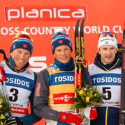 Emil Iversen (till vänster), Johannes Høsflot Klæbo (i mitten) och Teodor Peterson (till höger).