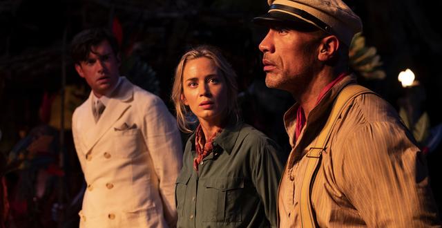Jack Whitehall, Emily Blunt och Dwayne Johnson i ”Jungle Cruise”. AP
