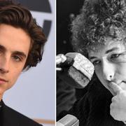 Timothée Chalamet till vänster. Bob Dylan på en presskonferens i Stockholm 1966. 