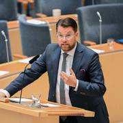 Jimmie Åkesson (SD) under onsdagens partiledardebatt i riksdagen.