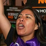 Hundratals protesterade mot presidentkandidaten Keiko Fujimori i centrala Lima.