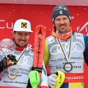 Henrik Kristoffersen, vinnaren Marcel Hirscher och André Myhrer.