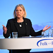 Socialdemokraternas partiledare Magdalena Andersson (S) håller tal under Folk och Försvars Rikskonferens på Högfjällshotellet i Sälen.