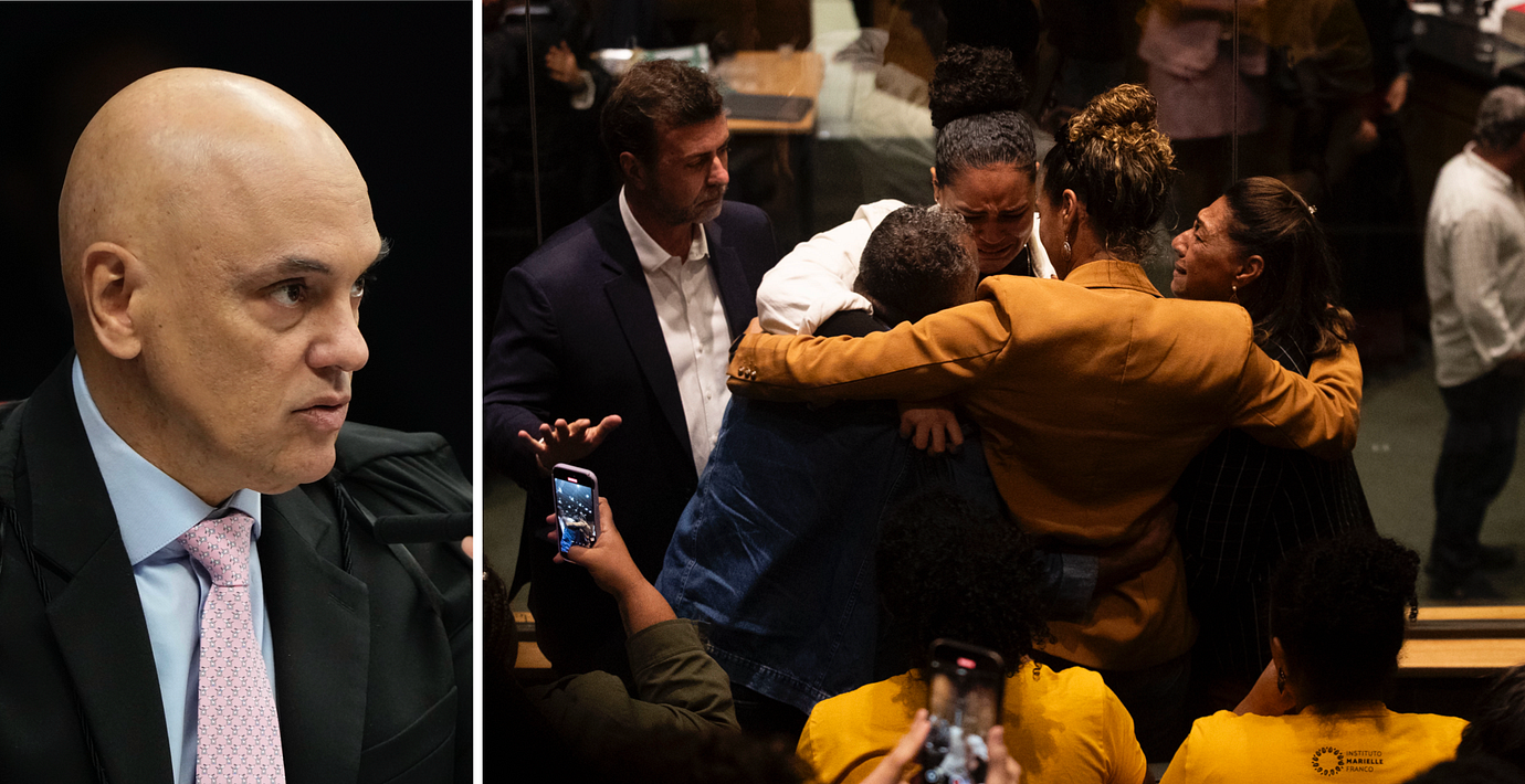 Alexandre de Moraes. Marielle Francos dotter och andra familjemedlemmar efter domen den 25 februari 2026. 