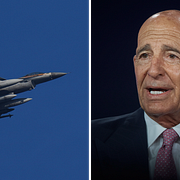 Till vänster: Israeliska stridsflygplan fotograferade i mars 2026. Till höger: Tom Barrack under ett möte i New York i september 2025.
