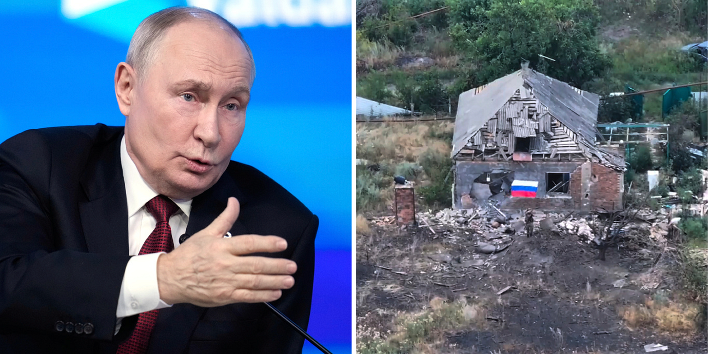 Putin/Rysk flagga på hus i Ukraina.