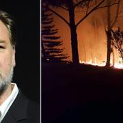 Russell Crowe och en bild på hans eldhärjade ägor. 