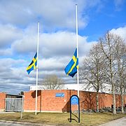 Flaggor på halv stång vid Tyresö gymnasium efter mordet.