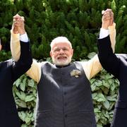 Ryske presidenten Vladimir Putin, Indiens premiärminister Narendra Modi och Kinas president Xi Jinping. 