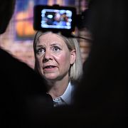 Socialdemokraternas partiledare Magdalena Andersson (S) efter Expressens och Dagens Industris partiledardebatt.