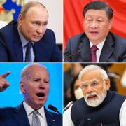 Från övre vänstra hörnet, som klockan: Putin, Xi, Modi och Biden. 