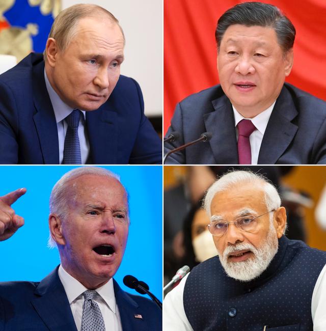 Från övre vänstra hörnet, som klockan: Putin, Xi, Modi och Biden.  TT