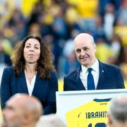 Andrea Möllerberg, generalsekreterare Svenska Fotbollförbundet, och Fredrik Reinfeldt, ordförande för Svenska Fotbollförbundet. 