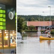 Människor paddlar i kanot på Tingsgatan i Hallsberg.