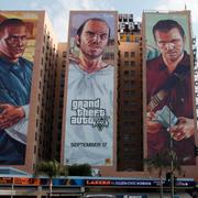 Reklam för spelet GTA V. Illustrationsbild.