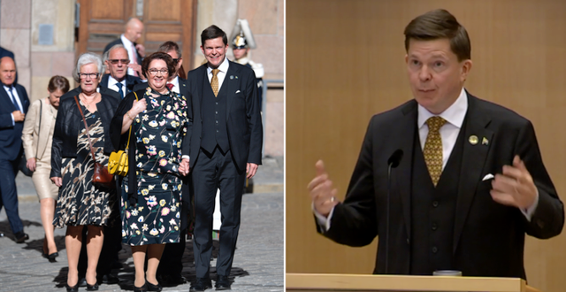Tv. riksdagens talman Andreas Norlén och hustru Helena Norlén på väg till gudstjänsten i Storkyrkan som hålls med anledning av riksmötets öppnande/th Norlén välkomnar ledamöterna. TT