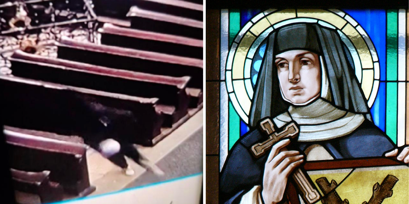 Till vänster den bild från händelsen som släppts av tjeckisk polis. Till höger ett glasfönster föreställande Zdislava av Lemberk i en tjeckisk kyrka.