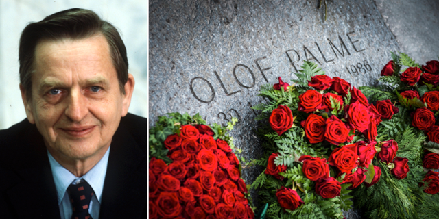 Sveriges tidigare statsminister Olof Palme, och en bild på hans gravsten.  TT.