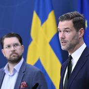 Sverigedemokraternas partiledare Jimmie Åkesson, (tv) och dåvarande bistånds- och utrikeshandelsminister Johan Forssell (M) vid en pressträff 2023.