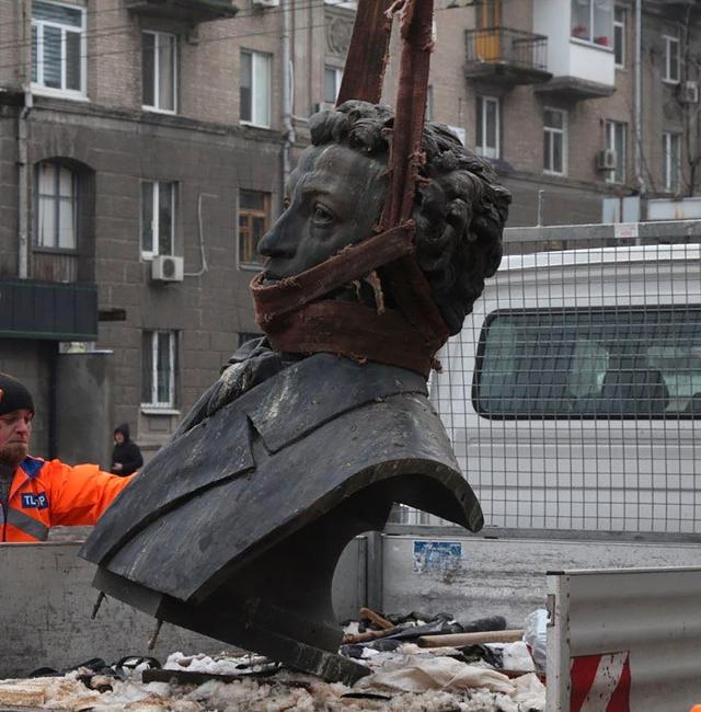In this photo released by the Dnipro Region Administration, Municipal workers dismantle a monument of Russian writer Alexander Pushkin in the city centre of Dnipro, Ukraine, Friday, Dec. 16, 2022.  AP