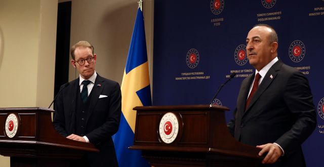 Tobias Billström och Mevlut Cavusoglu vid ett tidigare tillfälle.  Ali Unal / AP