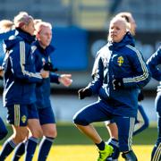 Caroline Seger under en träning med det svenska damlandslaget i fotboll den 10 oktober 2019 i Göteborg.