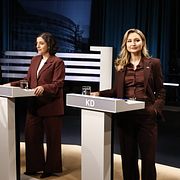 Jimmie Åkesson (SD), Simona Mohamsson (L), Ebba Busch (KD) och statsminister Ulf Kristersson (M) i partiledardebatt i SVT:s Agenda den 12 oktober 2025.