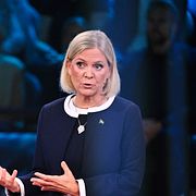 Socialdemokraternas partiledare Magdalena Andersson under den avslutande statsministerduellen på TV4, kvällen innan valet.