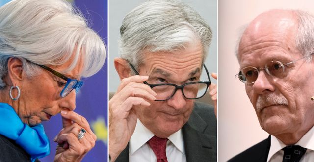 ECB-chefen Christine Lagarde, Fed-chefen Jerome Powell och Riksbankens chef Stefan Ingves.  