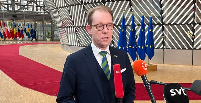  Utrikesminister Tobias Billström på väg in till måndagens EU-möte i Bryssel  WIKTOR NUMMELIN/TT