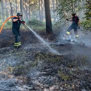 Brandmän släcker en skogsbrand i Åhus i juli 2018. 