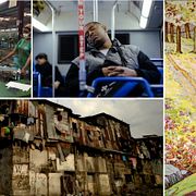 Bild på James Robertson på väg till sitt jobb i Detroit, Robin Hood, arkivbild på fabrik i Tanzania och arkivbild på kåkstad i Manila.