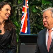 Jacinda Ardern och António Guterres i samband med den gemensamma pressträffen i dag.