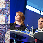 Dåvarande näringsminister Annie Lööf, Facebooks chef för teknik Tom Furlong och Luleås kommunalråd Karl Petersén, vid pressträff om etableringen, 2011.