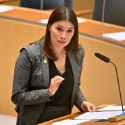 Miljöpartiets Annika Hirvonen ställer frågor i samband med att statsminister Ulf Kristersson frågas ut i riksdagen. Arkivbild. 