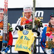 Charlotte Kalla vann, Ebba Andersson, höger, tog silver och Ida Ingemarsdotter, vänster, tog brons.