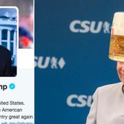 Donald Trumps Twitterprofil. Angela Merkel vid valmötet i öltältet i München i söndags.