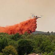Ett flygplan släpper vatten över regionen Lège-Cap-Ferret.