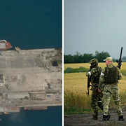 Feodosia på Krym har pekats ut som en av de hamnar där Ryssland lastar ukrainskt vete. Till höger ukrainska soldater vid ett vetefält.