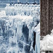 Niagarafallen, på gränsen mellan USA och Kanada, har frusit på flera håll/en frusen fontän i Georgia.