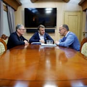 Storbritanniens premiärminister Keir Starmer, Frankrikes president Emmanuel Macron och Tysklands förbundskansler Friedrich Merz. Arkivbild. 