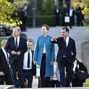 Tysklands förbundskansler Olaf Scholz, Danmarks statsminister Mette Frederiksen, Sveriges statsminister Ulf Kristersson och Norges statsminister Jonas Gahr Støre efter en gemensam pressträff i Stockholm 13 maj 2024.