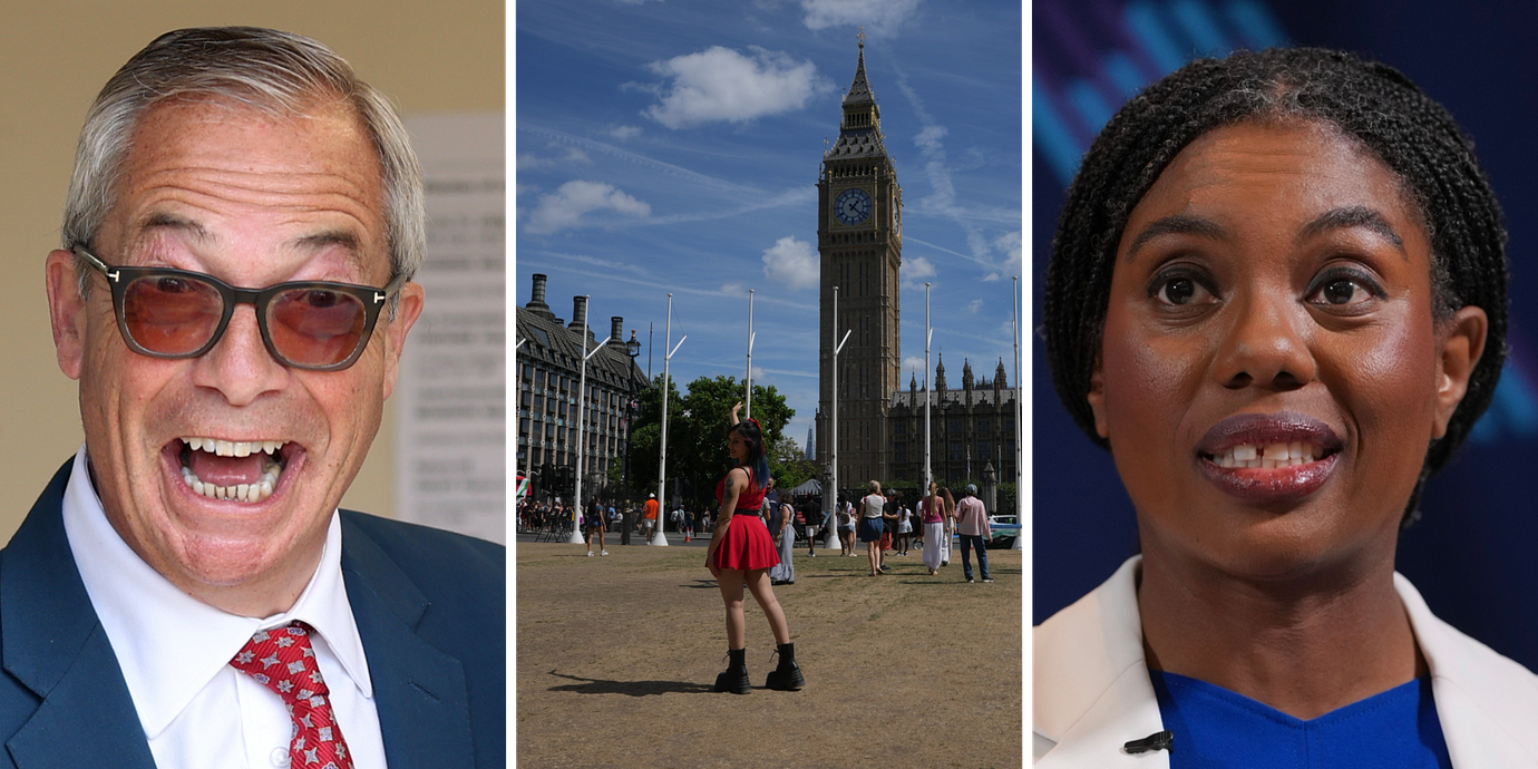 Nigel Farage, människor utanför brittiska parlamentet, Kemi Badenoch.