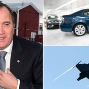 Arkivbilder: Stefan Löfven, Saab-bilar och ett Jas 39 C Gripen-plan.