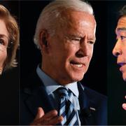 Elizabeth Warren, Joe Biden och Andrew Yang.